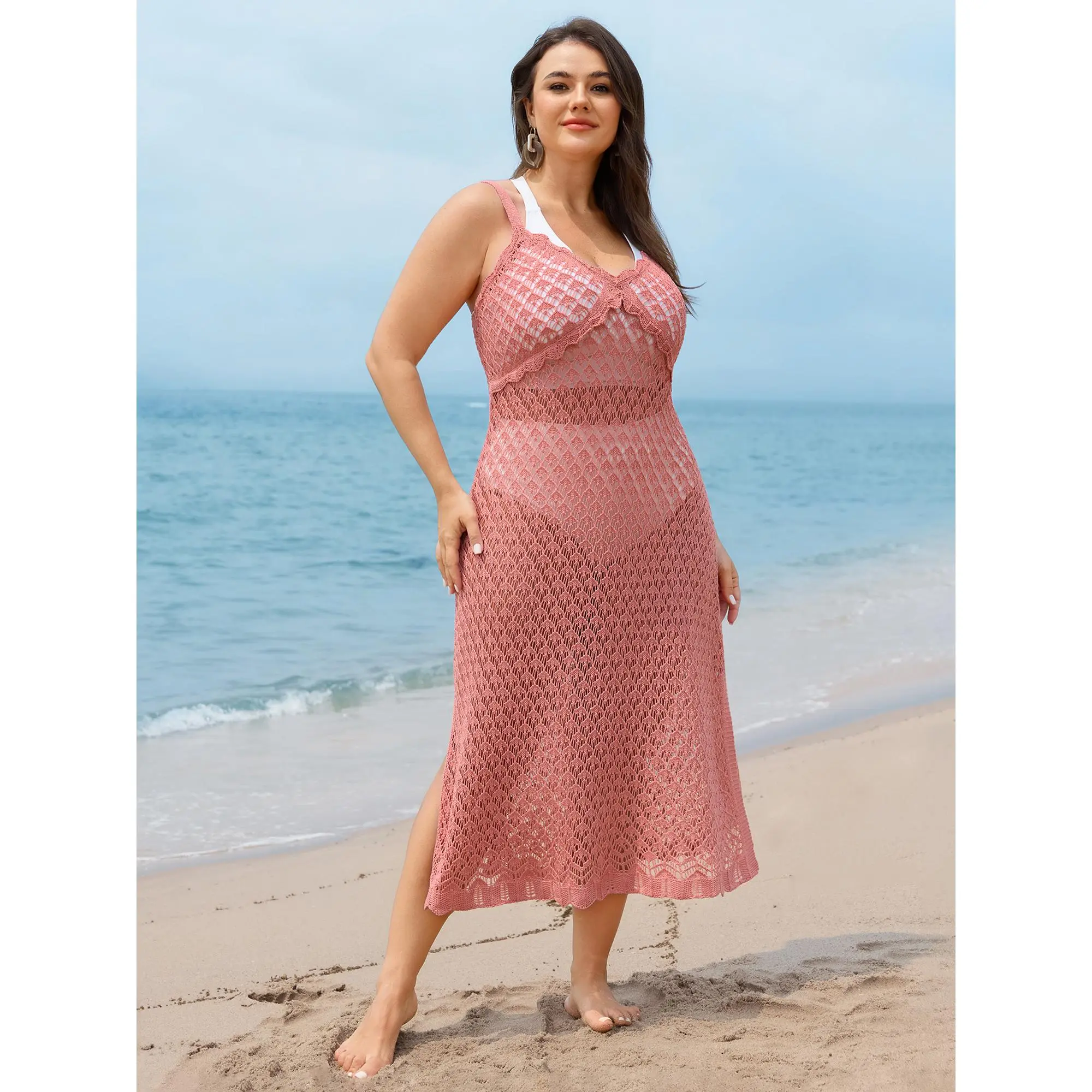BloomChic Women's Plus Size Crochet Swim Cover-Up, Solid V-Neck Sheer Tunic with Cut-Outs for Resort Wear, Crochet Cover Ups, Multi-Size Cover Ups,Summerfinds