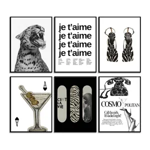 6pcs/set Unframed Fashion Artistic Abstract Black White Leopard Print Painting Calligraphy Eco-Friendly Cotton Canvas Poster Waterproof Wall Art Decoration for Home DecorGift
