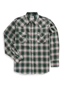Men's Ely Cattleman Long Sleeve Textured Plaid Western Snap Shirt- Green