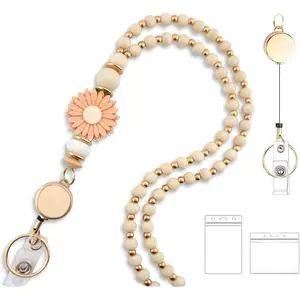 Cute Teacher Lanyard for Women with Retractable ID Badge Reel and  Wooden Beaded Lanyards for  Charm