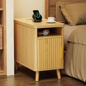 Huuger Narrow End Table - Bedside Nightstand with Charging Station, USB-C Port, Fluted Design, Storage Cabinet, Back Rack, Modern Accent Table for Small Spaces, 13.4×23.6 Inch, Natural, Modern Accent Tables