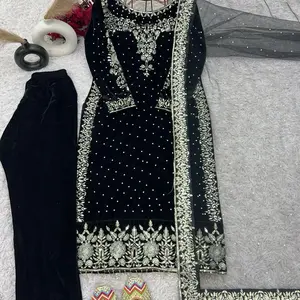 Indian Pakistani Velvet Dress 3 Piece Set in 4 Colors and 4 Sizes with Embroidered Details and Fringe Accents for Women's Casual and Elegant Asian Clothes