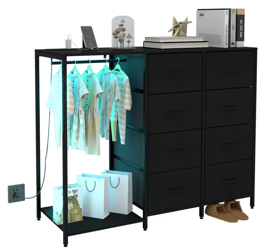 Modern Furniture Storage Dresser with Hanging Rack, LED Lights & Charging Station | 8 Fabric Drawers for Organization | Bedroom & Closet Organizer