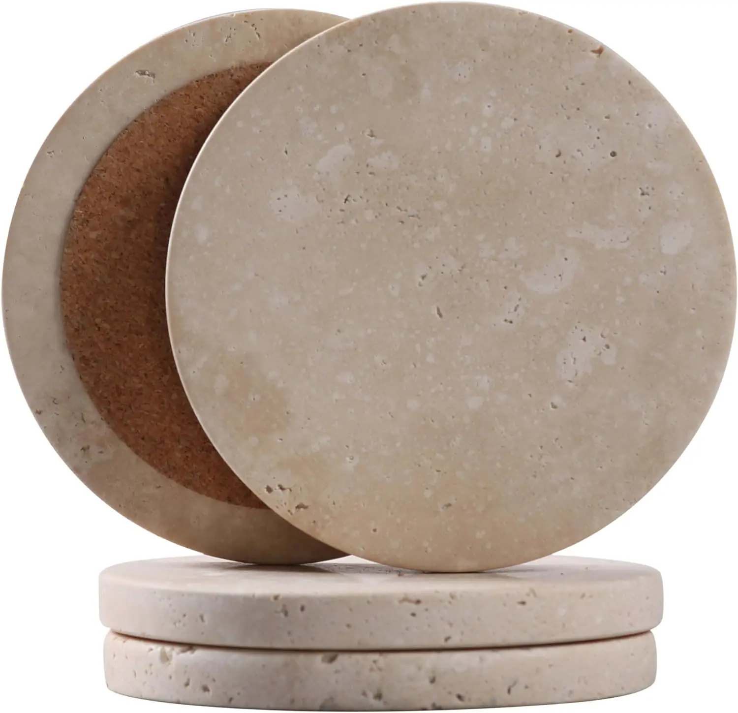 Natural Stone Round Coasters Set of 4 (4" in diameter) - Soft Cork Backing, Rustic Volcanic Craters Design, Protect from Scratches, Kitchen Tableware for Coffee Table, Housewarming Gift