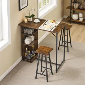 Bar 3-Piece Set - Space-Saving Dining Table with Storage Shelves, Square Bar Table & 2 Bar Stools in Rustic Brown Apartment Furniture
