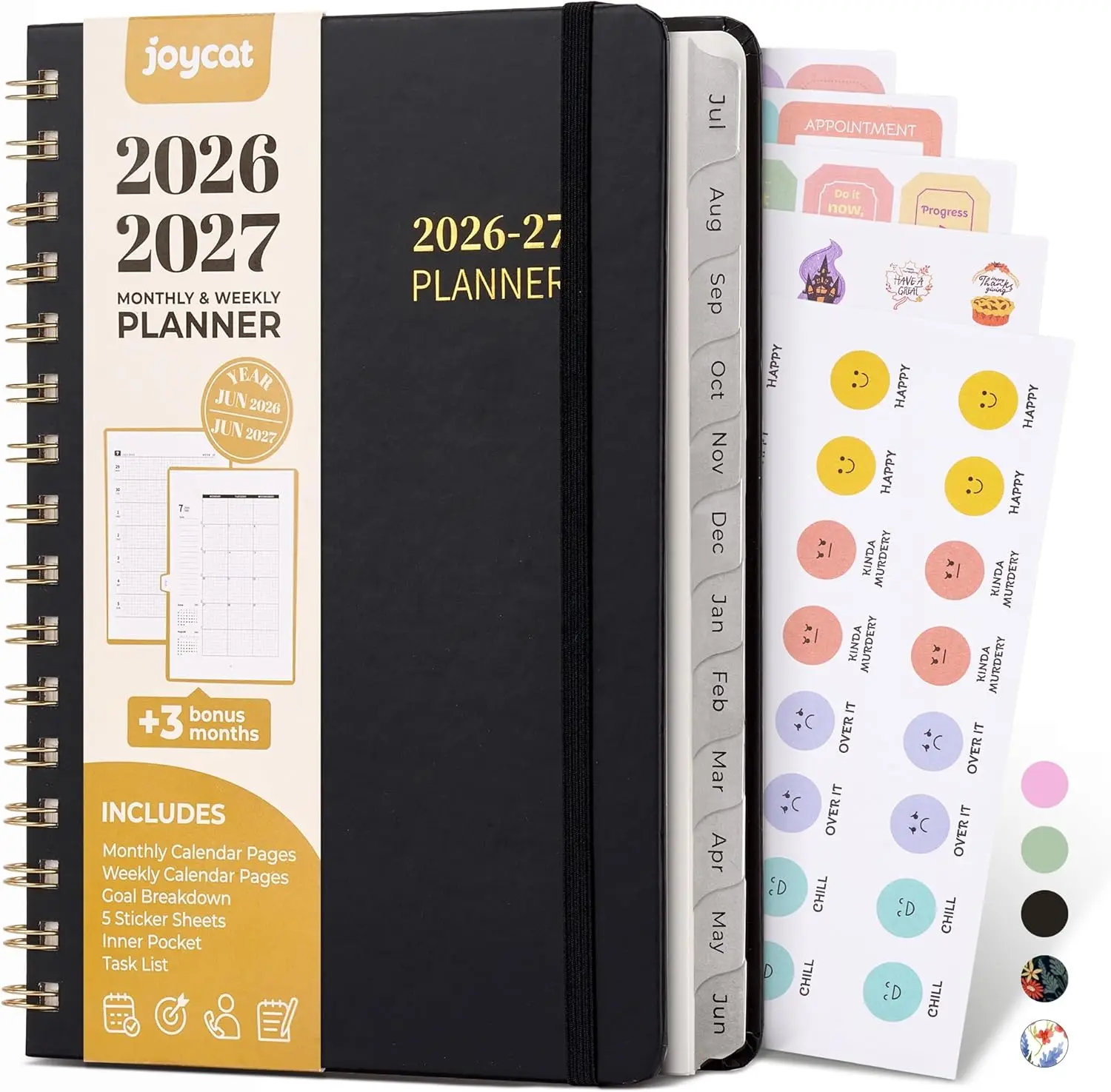 JoyCat Academic Planner 2026-2027, July 2026 - June 2027, A5 Weekly & Monthly Planner, Hardcover Agenda with Tabs, 5 Sticker Sheets, Elastic Closure & Pocket for Teachers & Students, 6.3" x 8.5"