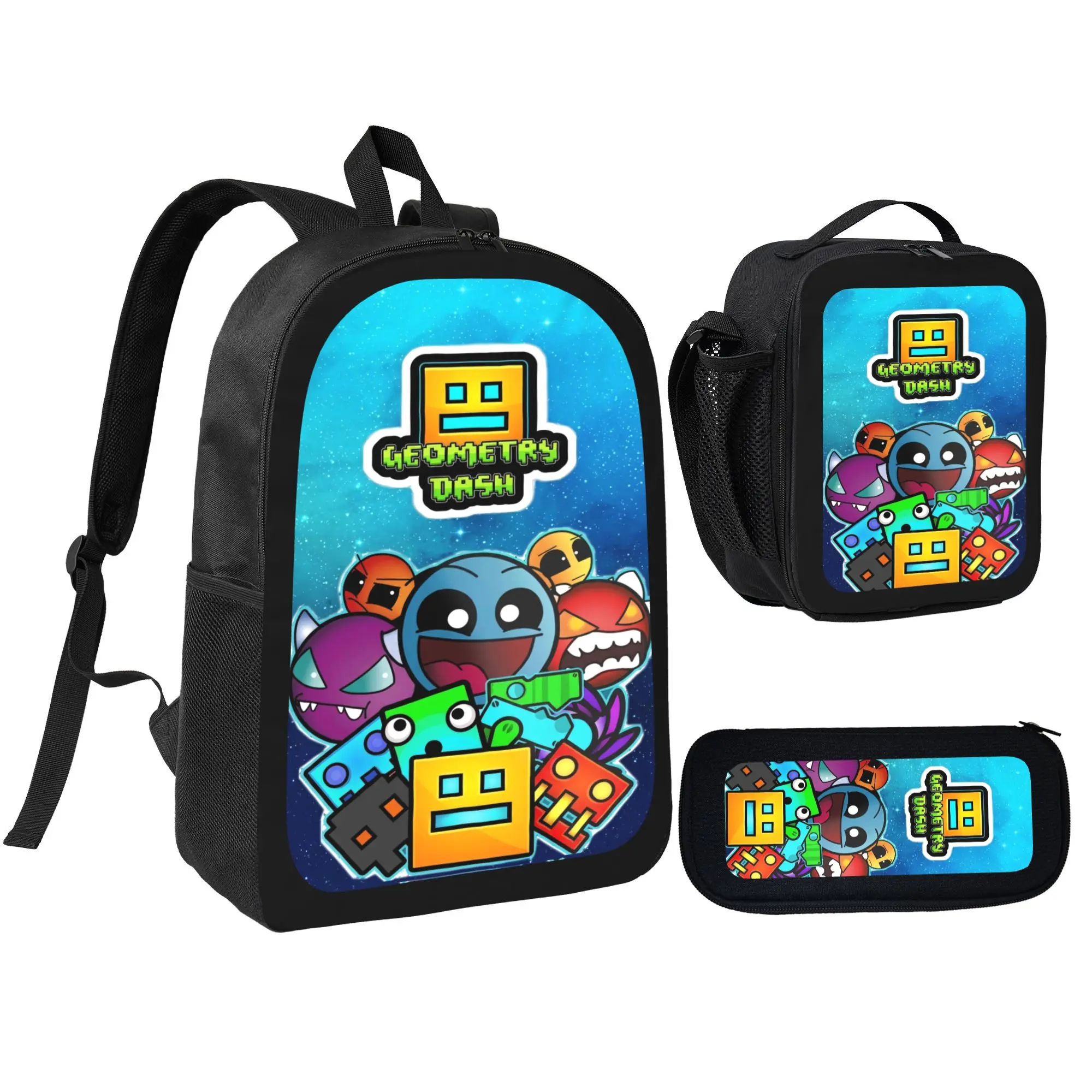 Geometry Dash Unisex 3PC Backpack Set - Back to School Haul, Iconic Yellow Cube Logo, Colorful Cartoon Monster Collage, Insulated Bag, Zipper Pencil Case, Safe Materials for School Work
