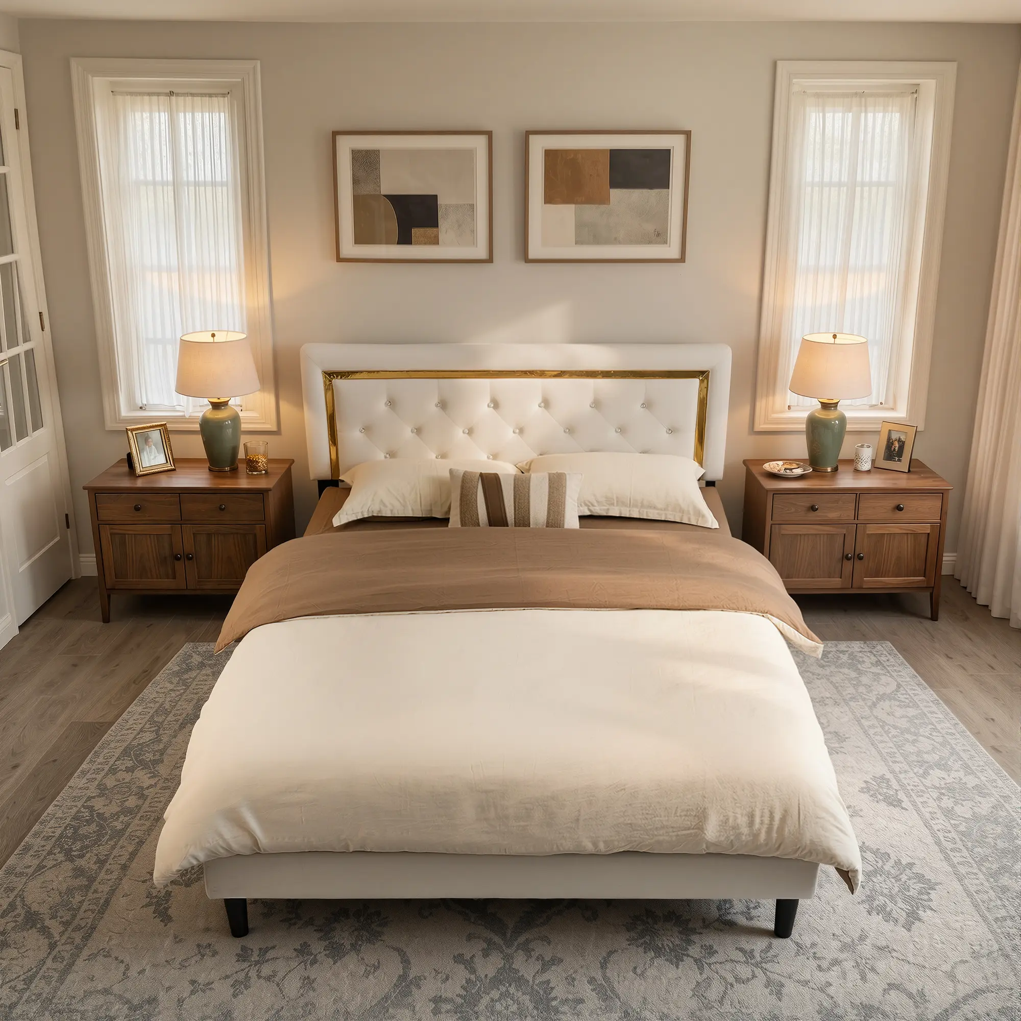 ALLWEX 65" Queen Size Upholstered Platform Bed Frame, Luxury Velvet Bed Frame with Tufted Headboard, Gold Trim & Crystal Button Design, Sturdy Metal Frame with Wood Slats Support, No Box Spring Needed, Modern Glam Bedroom Furniture