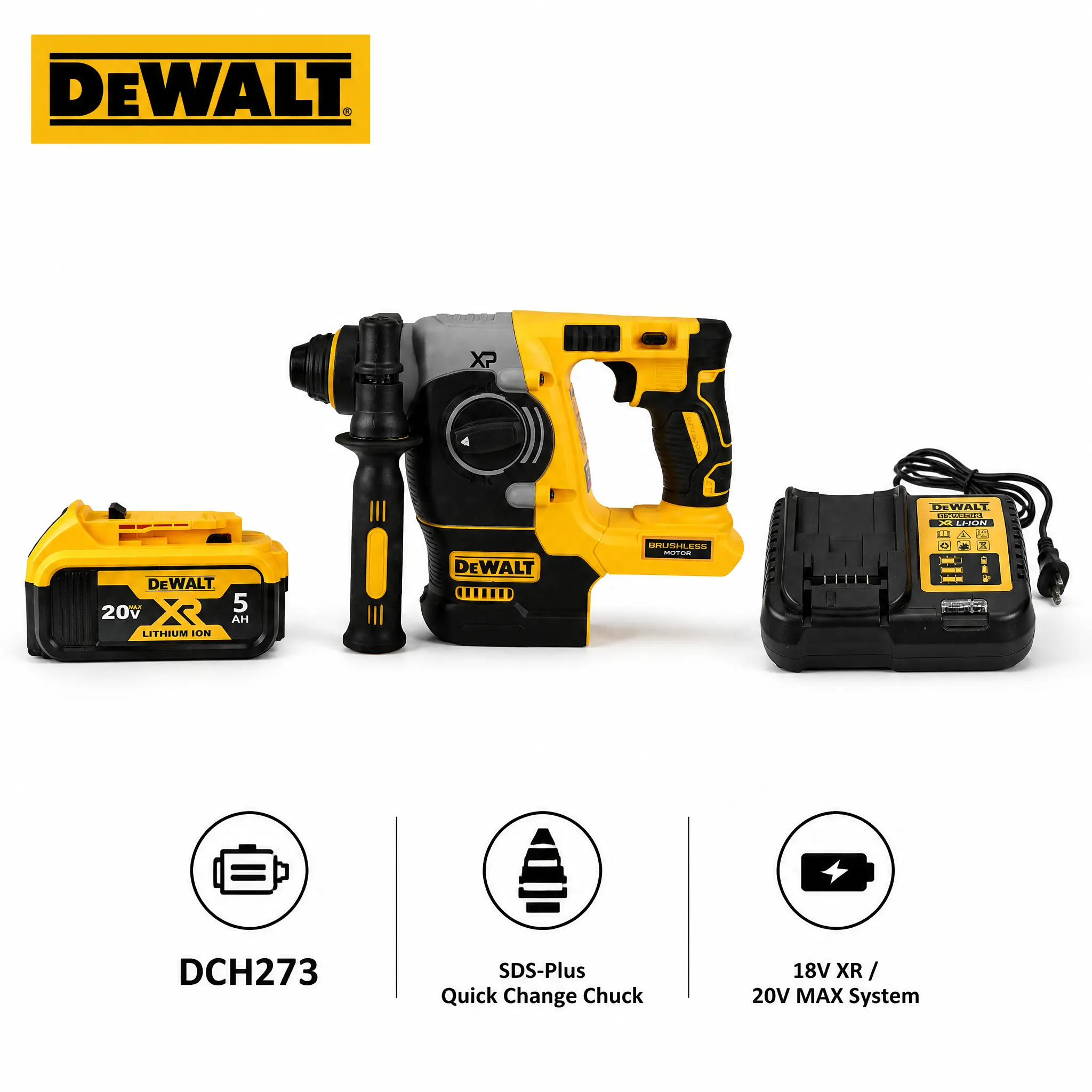 DeWalt 20V MAX SDS-Plus Cordless Rotary Hammer Drill Tool for Electricians, with Brushless Motor, 2.1 J SHOCKS Active Vibration Control, Anti-Clutch Protection for Concrete Masonry Drills