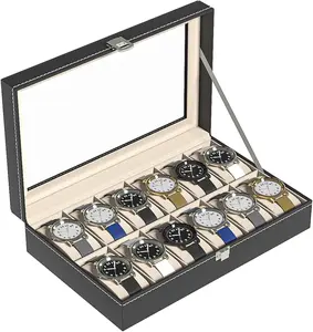 Watch Display Case For Men,Leather Watch Organizer Box,Watch Travel Organizer Tray,Watch Collection Storge Holder For Women (Black Leather, 12 Slots)