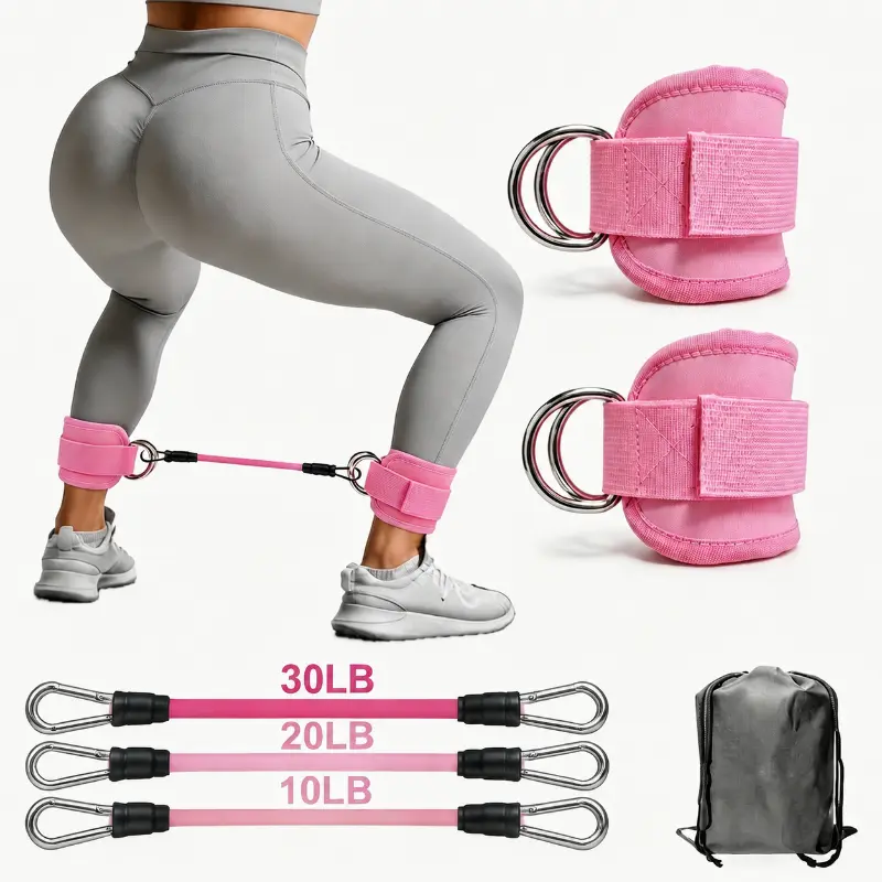 Unisex 5-Pack Pink Ankle Resistance Bands Set with Padded Cuffs, TPE Material Adjustable Ankle Straps for Leg Workout & Functional Training Workout, Portable Home Fitness Exercise Equipment