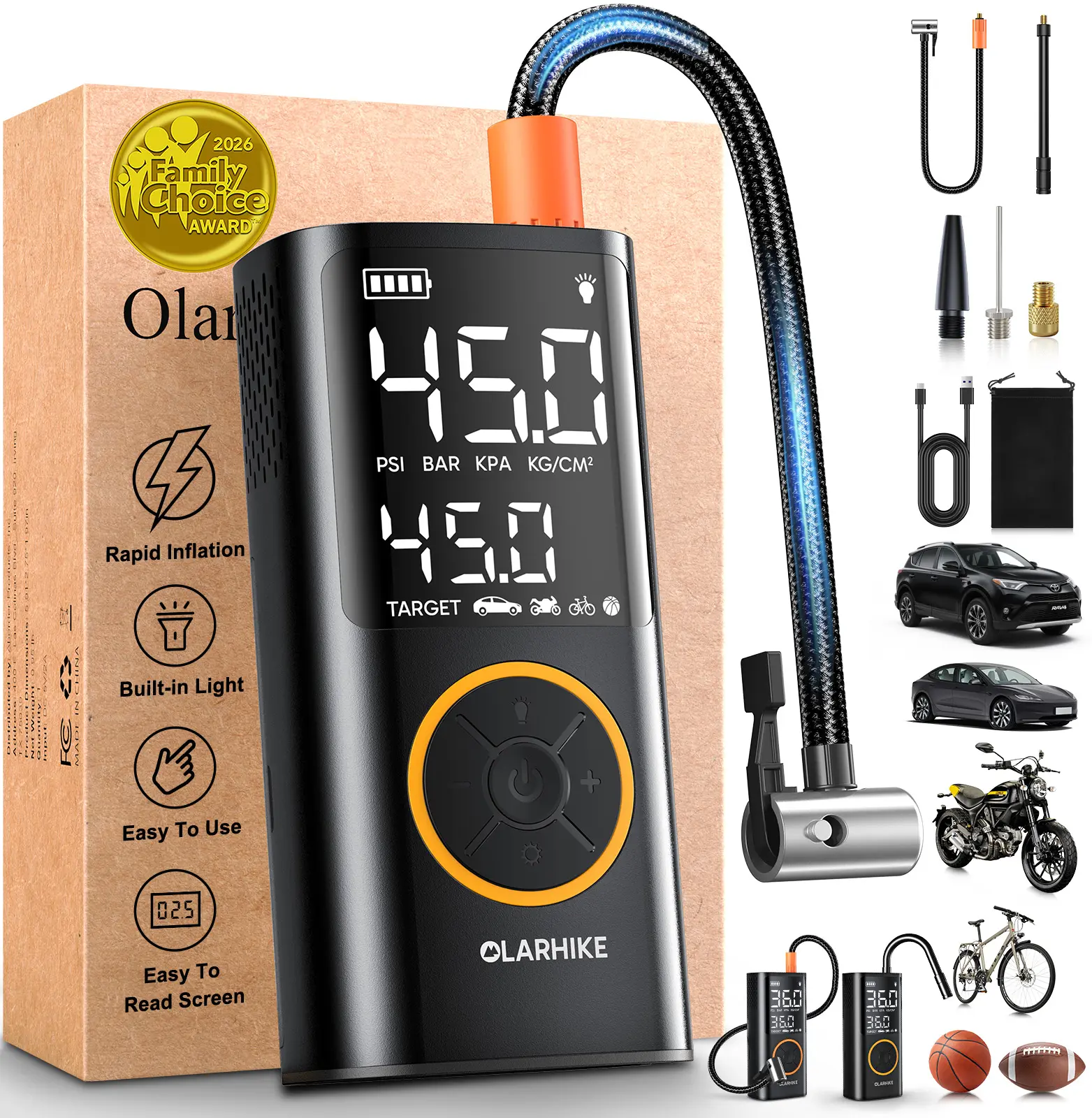 OlarHike Tire Inflator Portable Air Compressor, Smart Dual Hose System, Auto Air Pump for Car Tires, Bike,Bicycle, Motorcycles,Electric Pump with LED Light & Digital Pressure Gauge