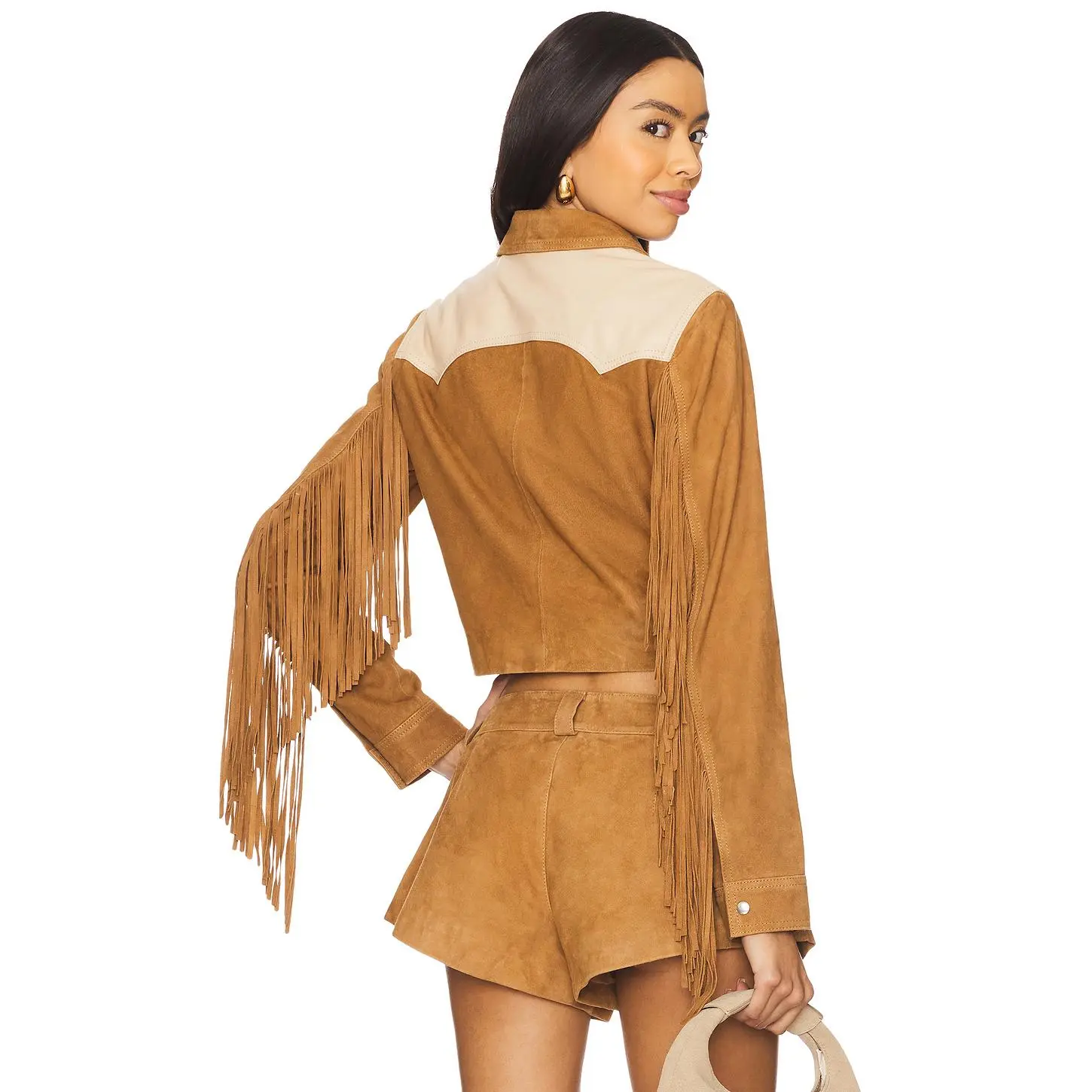 Understated Leather Combo Fringe Jacket in Brown Understated Leather Combo Fringe Jacket in Brown