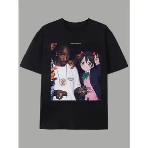 Tupac x Anime Girl Mashup Graphic T-Shirt Hip-Hop & Anime Crossover Casual Tee for Men & Women Crewneck 100% Cotton Unisex Relaxed Fit S-5XL - Menswear