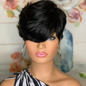 ShowReal Short Pixie Cut Wig Brazilian Virgin Human Hair With Bangs Full Machine Ready To Go Glueless Wig