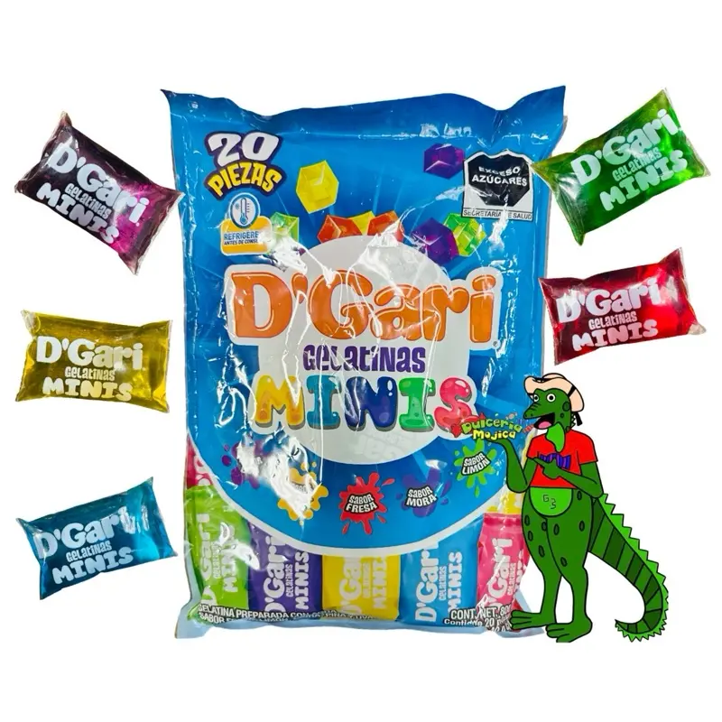 D’Gari Gelatinas Mini - Grape, Pineapple, Strawberry, Blueberry, and Lime Flavored Jelly Packets, 20 pieces