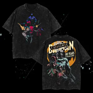 Nightwing, Robin, Red Hood, Dark Knight "The Bats Family" - Darknight verse Edition Double Printed Oversize Lightweight Acid Washed Tee Movie series Vintage Graphic Design Top Cotton Comic Movie Superheroes Streetwear T-Shirt Clothes Menswear Womenswear.