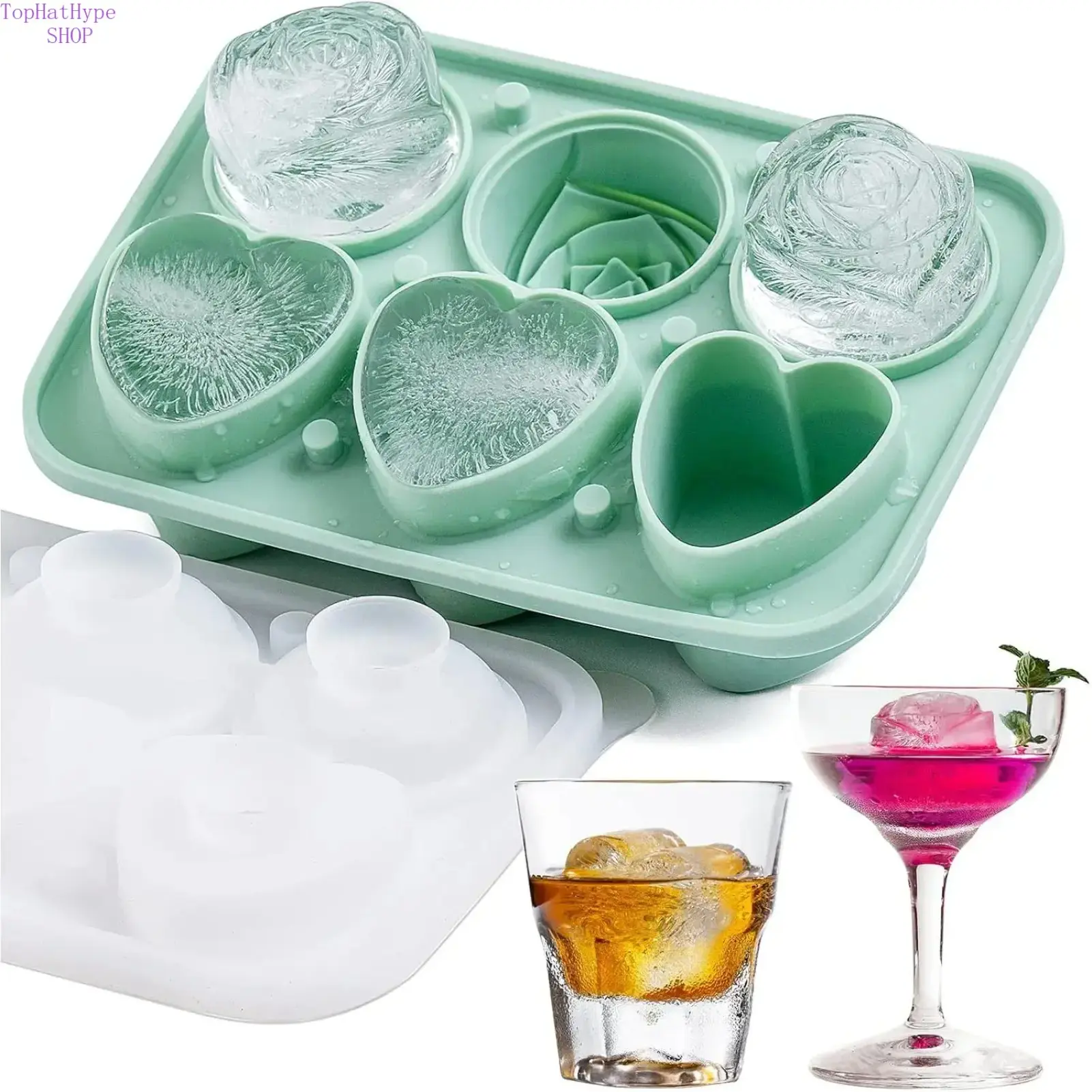 3 Rose & 3 Heart Shaped Silicone Ice Cube Trays with Clear Funnel Lid, Novelty 3D Ice Ball Maker Molds, Flexible Non-Stick Ice Molds for Cocktails, Whiskey & Chilled Drinks, Green Stylish Kitchen Gadget