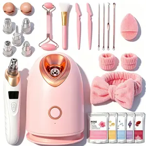 Pjordo 7-in-1 Nano Ionic Facial Steamer and Spa Kit for Deep Cleansing with Blackhead Remover Pore Brush in Pink Professional Home Use facial kit for girls  for her, Mother's Day's prefect gift