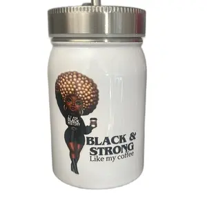 Black & Strong like your Coffee - 17 Ounce Mason Jar Cup with Lid and Straw - White Stainless Steel - Plastic, Reusable
