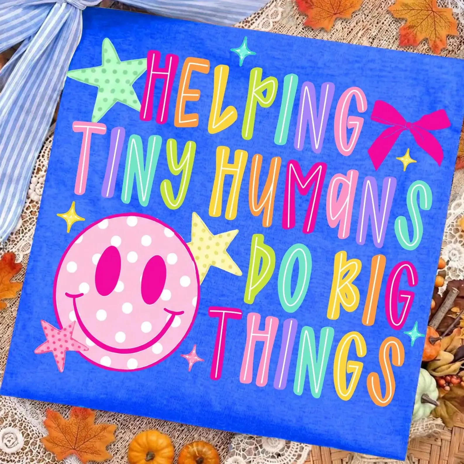 Comfort Colors Teacher Shirt, Helping Tiny Humans Do Big Things Graphic Tee, Neon Crayon Smiley Back to School T-Shirt