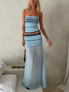 Women's Two-Piece Set, Fashion Striped Crop Top and High Waist Skirt, Sleeveless Slim-Fit Casual for Summer Daily Wear