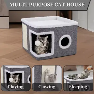 Large Cat Bed Cave for Indoor Cats Warm Plush Kitten Hideaway House with Scratch Pad Ball Toys Foldable Washable Cat Condo Pet Supplies