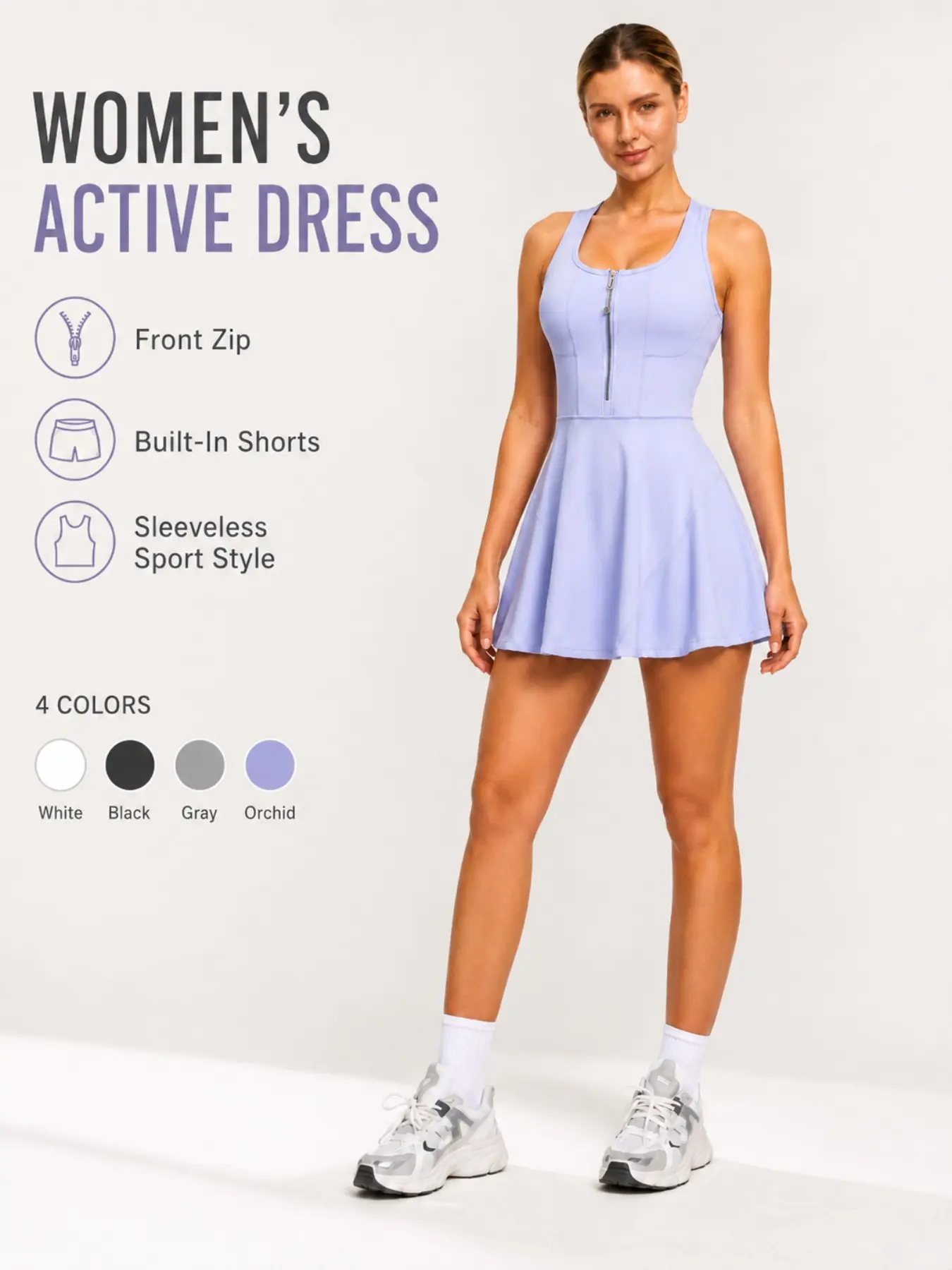 Zip Front Sporty Tennis Dress with Attached Shorts & Padded Bra | Sleeveless Athletic Golf Dress for Workout, Pickleball, Running, Tennis Attire