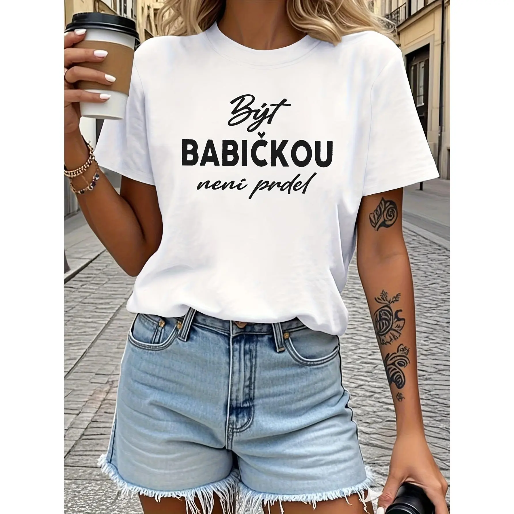 Funny Grandma Saying T-Shirt - Czech Text Print Casual Short Sleeve Crew Neck Top, Czechia-Themed Gift for Babička (Grandma), Spring/Summer Casual Attire & Czech Culture Apparel