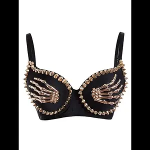 BLACK 1960S GOTHIC PUNK SKELETON HAND RIVET TOP Womenswear Light