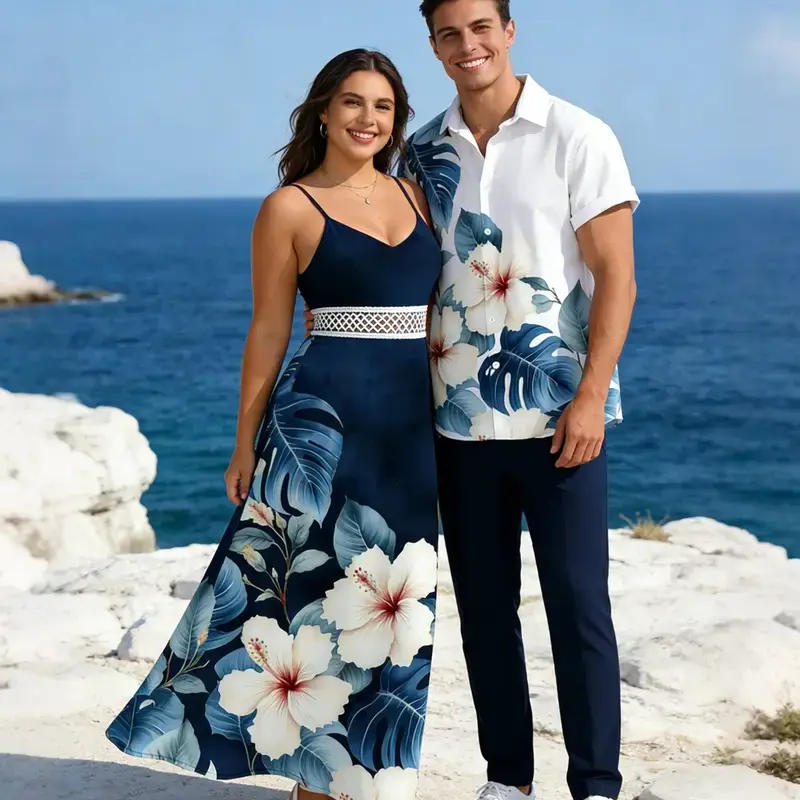 DRESSLILY 2026 His and Hers Korean Casual Tropical Vacation Couple Match Set - Women's Soft Stretchy Fabric Fitted Dress (Smocked Waist, Spaghetti Straps, Hibiscus Print, Lace Slit, Hollow-Out); Men's Basic Button-Up Shirt, True Size