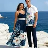 DRESSLILY 2026 His and Hers Korean Casual Tropical Vacation Couple Match Set - Women's Soft Stretchy Fabric Fitted Dress (Smocked Waist, Spaghetti Straps, Hibiscus Print, Lace Slit, Hollow-Out); Men's Basic Button-Up Shirt, True Size