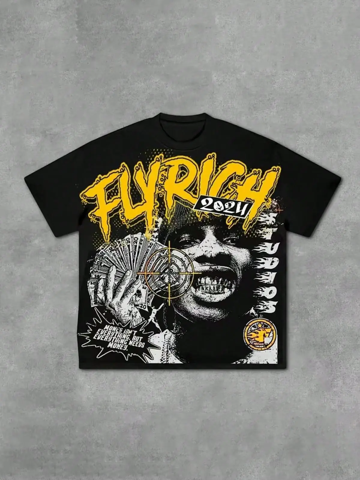 Streetwear Hip Hop Graphic Tee Flyrich 2024 Urban Retro T-Shirt Premium Heavyweight Cotton Crewneck Comfy Vintage Wash Drip Fashion Top for Men and Women