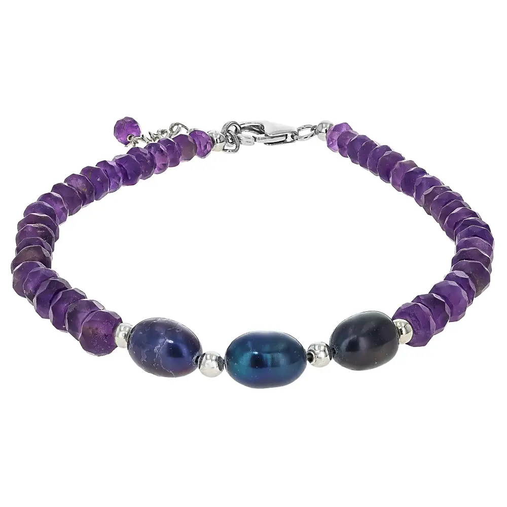 JTV Natural Amethyst Beaded Bracelet - Rhodium-Plated Sterling Silver, 18.00ctw Amethyst, Cultured Freshwater Pearl Accent