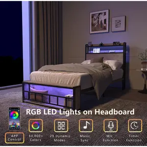 Twin Bed Frames , Headboard and Charging Station & LED Light for Bedroom, Solid and Stable, Noise Free, No Box Spring Needed, Easy Assembly