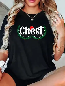 Unisex 100% Cotton Chest Nuts Matching Chestnuts Funny Christmas Couples Chest T-Shirt, Autumn Women’s T-Shirt with Merry Christmas Letter and Snowflake Fun Pattern