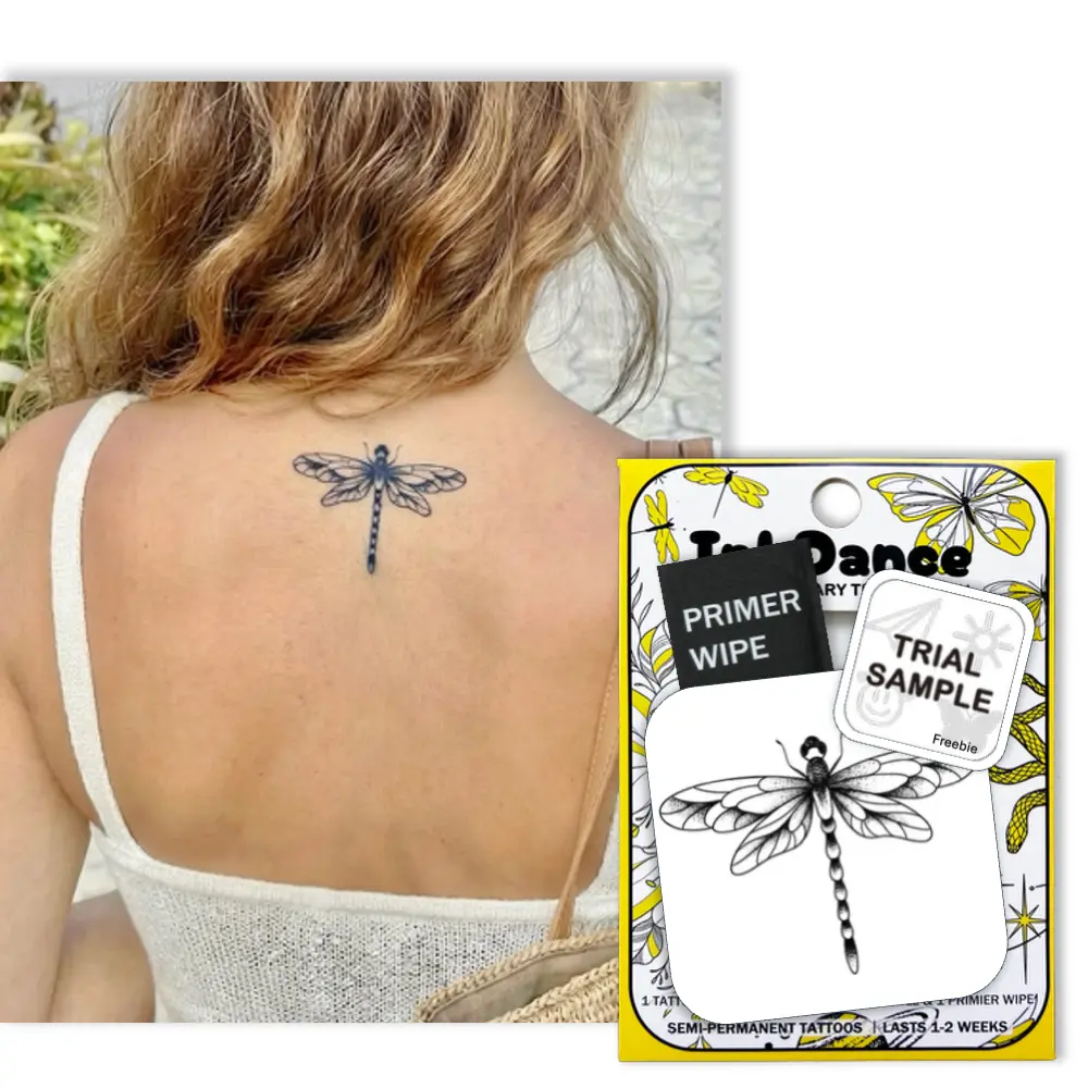 InkDance Semi-Permanent Dragonfly Sketch Tattoo, Waterproof Plant-Based Ink Body Art for All Skin, Long-Lasting 1-2 Weeks, Color Develops in 24 Hours X224, All Skin Types