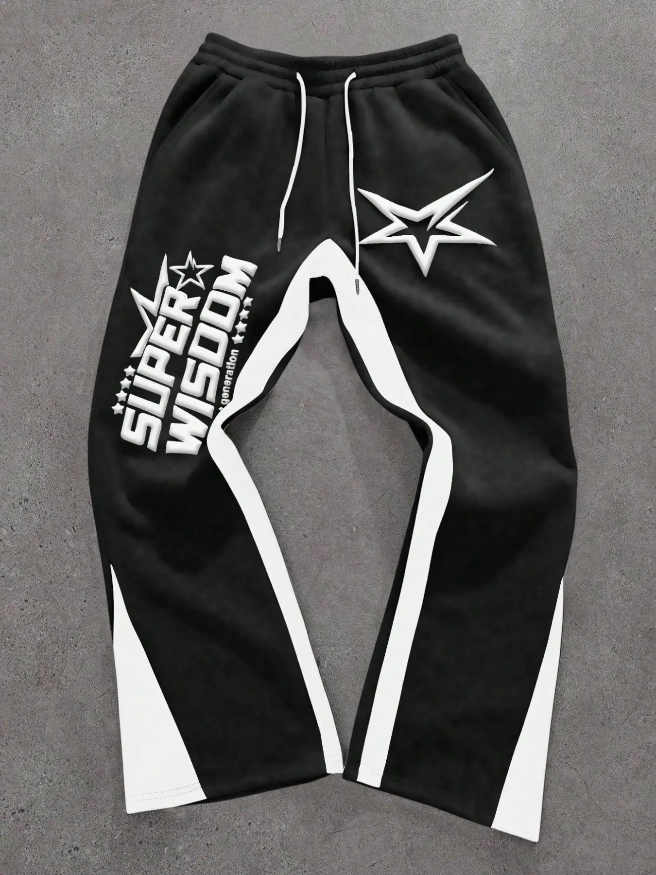 Unisex Y2K Cybercore Baggy Sweatpants with Star Graphics - Contrast Panel Flare Joggers for Streetwear & Urban Skaters - Oversized Retro Aesthetic Tracksuit Bottoms
