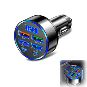 Car Charger with Digital Display & Atmosphere Light - QC3.0 Fast Charging Adapter for 6 Devices - 100W Max Power - USB-C Multiport Car Charger for Huawei, OPPO, Oneplus, iPhone, Samsung, Vivo, Google