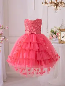 Girl's Floral Embroidery Appliques Bow Decor High Low Hem Tutu Tulle Overlay Dress, Elegant Cute Faux Pearls Decor Sleeveless Zipper Back Fit & Flare Dress for Party Wedding Guest, Kids Clothes for All Seasons
