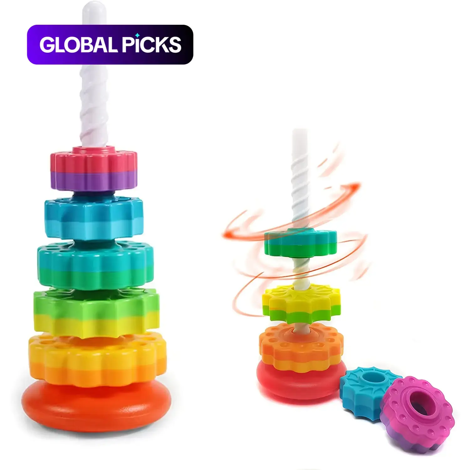 Rainbow Rotating Tower Toy, Colorful Wooden Stacking Sensory Toy, Interactive Stack, Jenga Game for Kids, Stacked Puzzle Baby Toys, Rainbow Tower Blocks Toy for Kids, Shape Sorter #GLOBAL PICKS