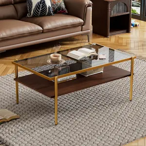 【Bellemave】Rectangle Coffee Table with Gray Tempered Glass top and Golden Legs, Modern Table for Living Room