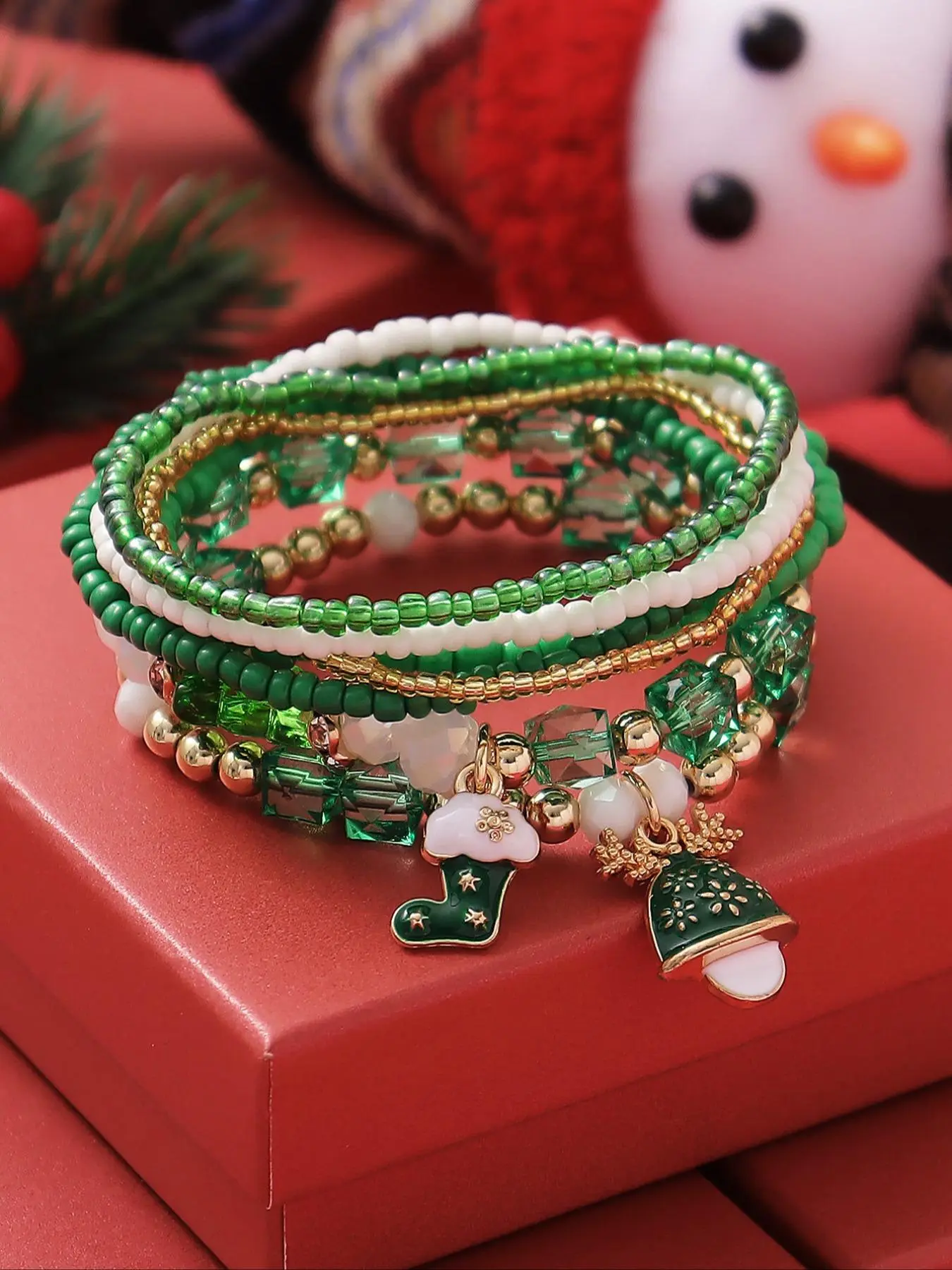 Christmas Themed Beaded Bracelet, Cute Christmas Tree & Sock Charm Beaded Bracelet, Fashion Accessories for Women & Girls
