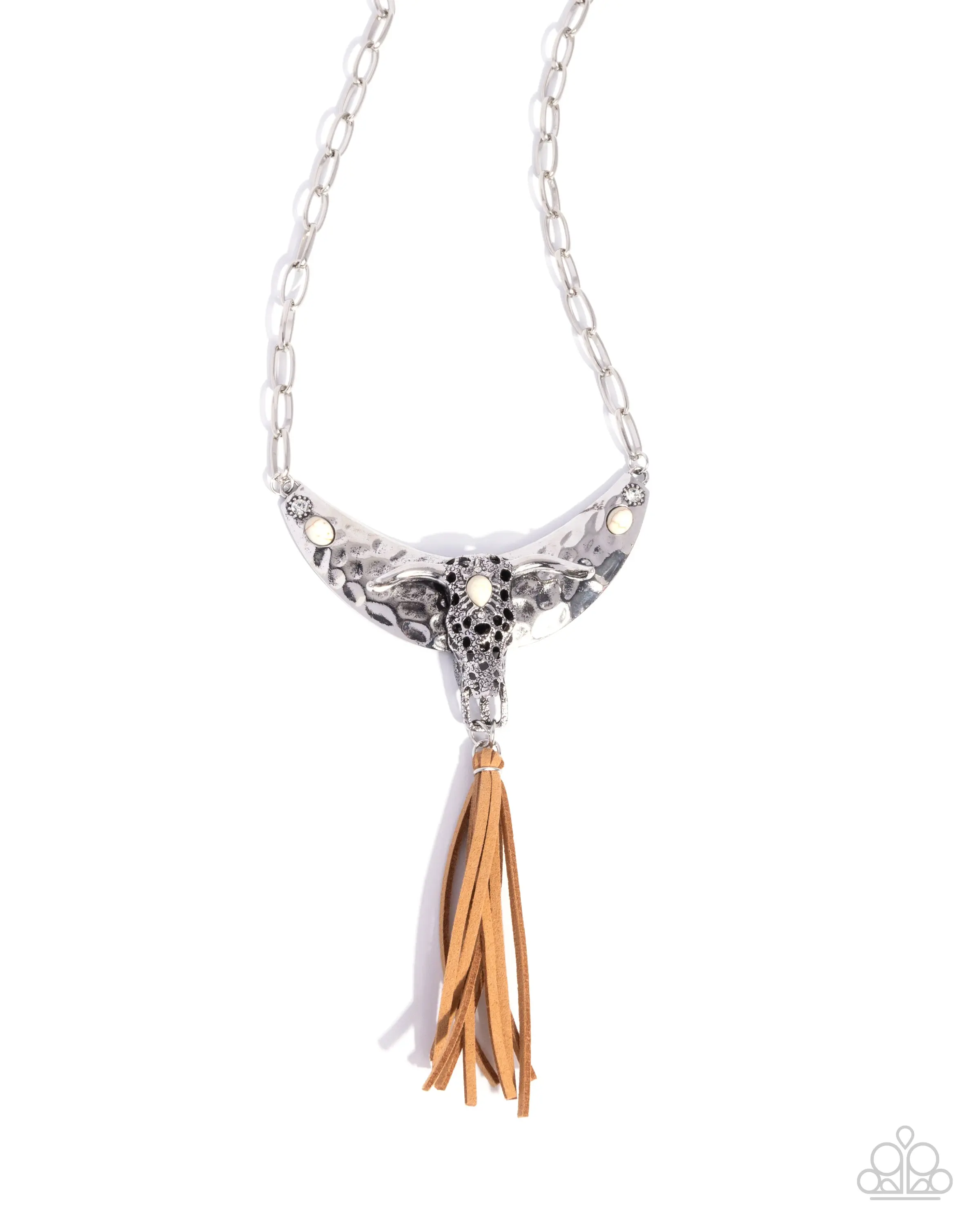 Limitless Longhorn - White Stone Silver Cow Skull Brown Leather Fringe Short Necklace - Paparazzi