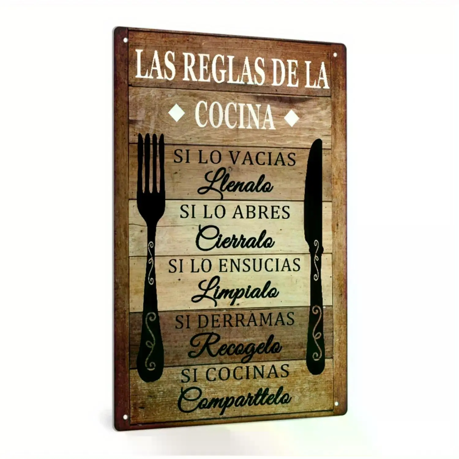 Vintage Spanish Las Reglas De La Cocina Metal Wall Art Rustic Farmhouse Kitchen Decor with Seven Cooking Rules Aluminum Sign for Home Dining Room Restaurant Unique Gift Idea Vintage Kitchen Decor Distressed Finish 2D