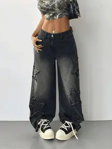 Kids/Teen Girls Star Patchwork Jeans Age 11-16 Y2K Grunge Style High Waist Loose Denim Pants