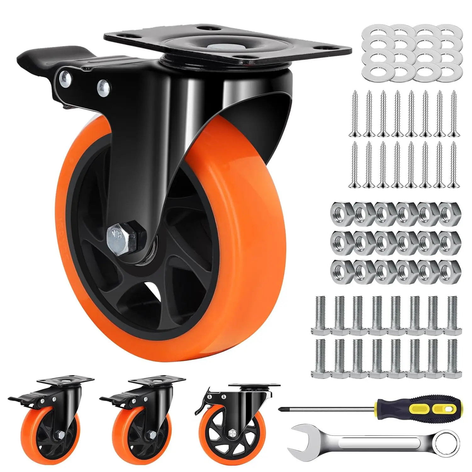 5-Inch Orange Heavy Duty Caster Wheels (Set of 4) - 2600Lbs Total Capacity, Polyurethane (PU) Wheels, Quiet Swivel Casters for Carts, Furniture & Workbenches (Two Hardware Included)
