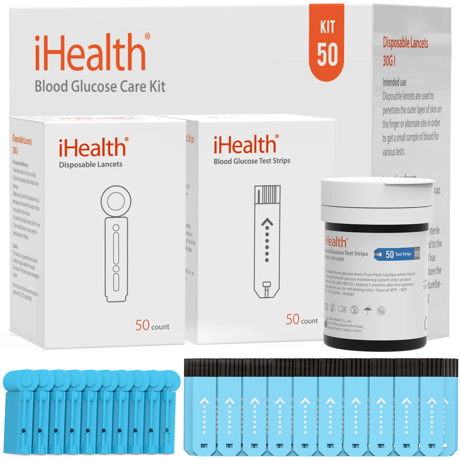 iHealth Glucose Test HSA or FSA Eligible, Strips 50/100 Count No Coding Blood Sugar Test Lancets for Diabetes Management Compatible with iHealth Monitor Only Healthcare Kit, Glucose Meter