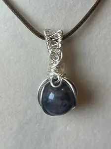 Sodalite sphere silver-tone coated copper wire-wrapped pendant