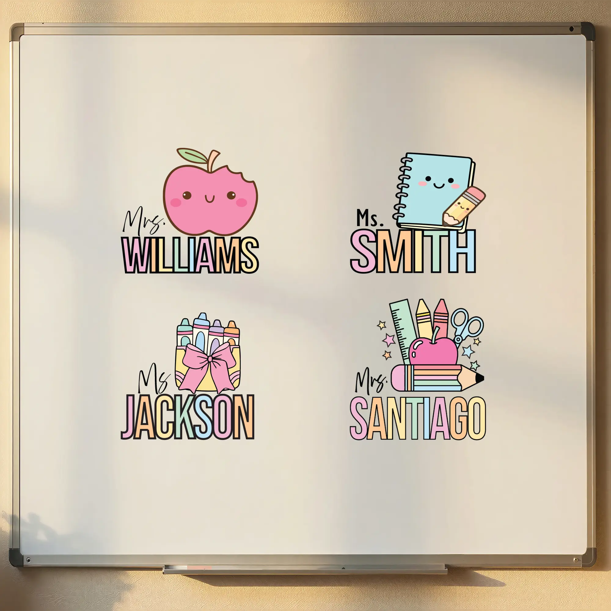 Personalized Teacher Name Cling — Whiteboard & Window Sign, 4 Classroom Designs